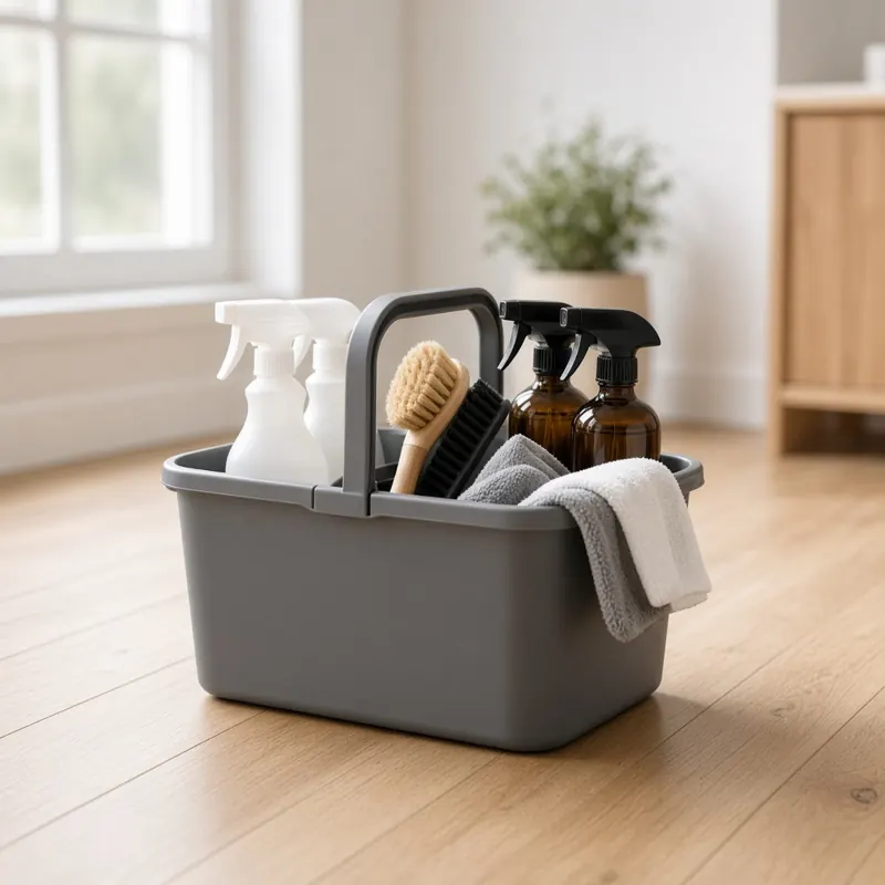 Cleaning caddy with spray bottles, brushes and cloths