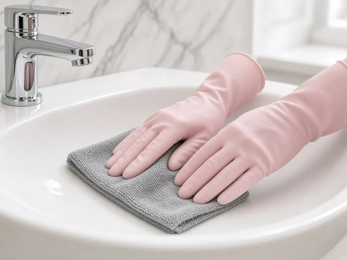 Gloved hands wiping a white bathroom basin with a microfibre cloth