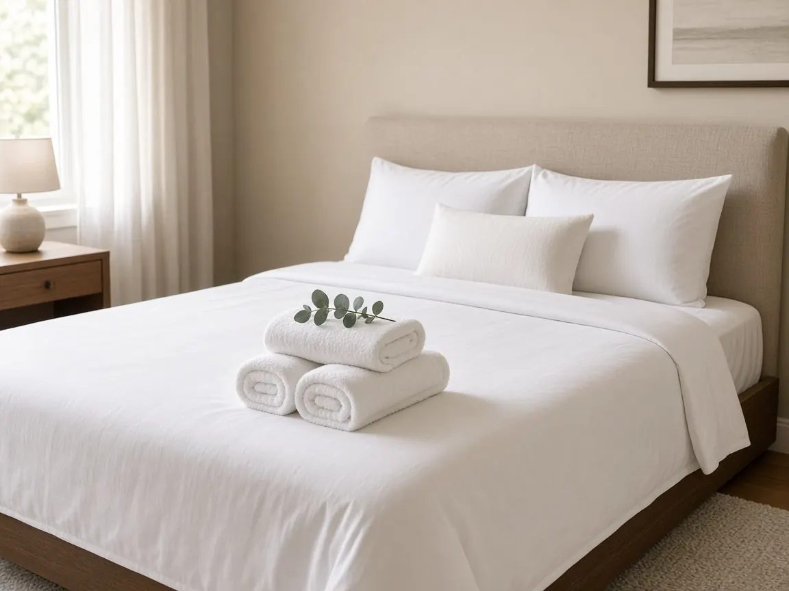 Crisp white bed linen with folded towels