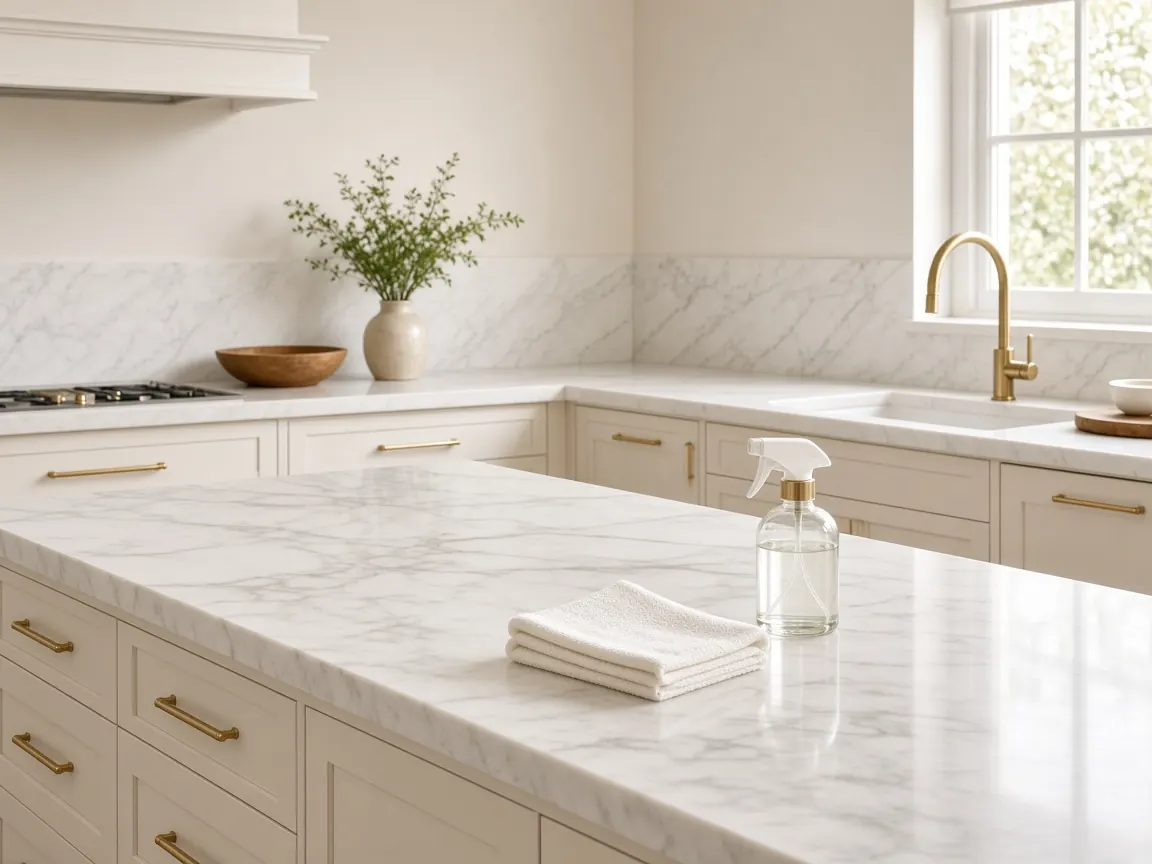 Sparkling clean marble kitchen worktop with microfibre cloth